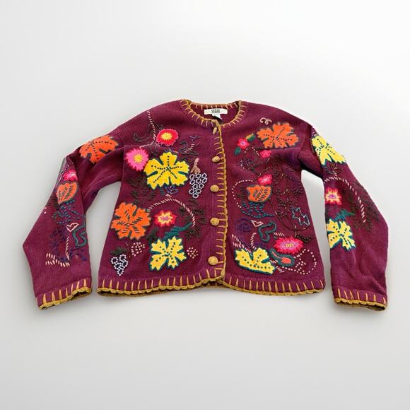 Segue Sweaters - Vtg 80s Segue Womens Maroon Floral Embroidery Button Up Sweater Size M Medium